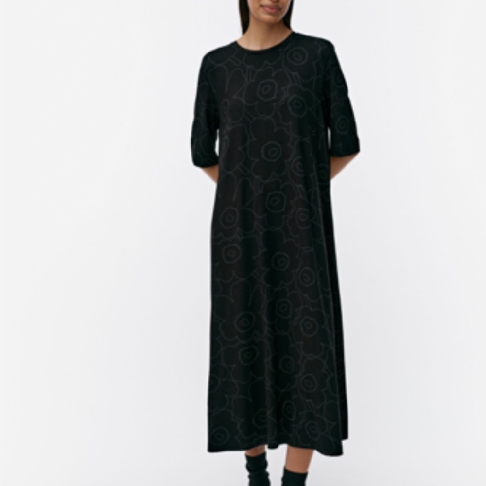 Marimekko Black Midi Dress with Cuffed 3/4 Sleeves